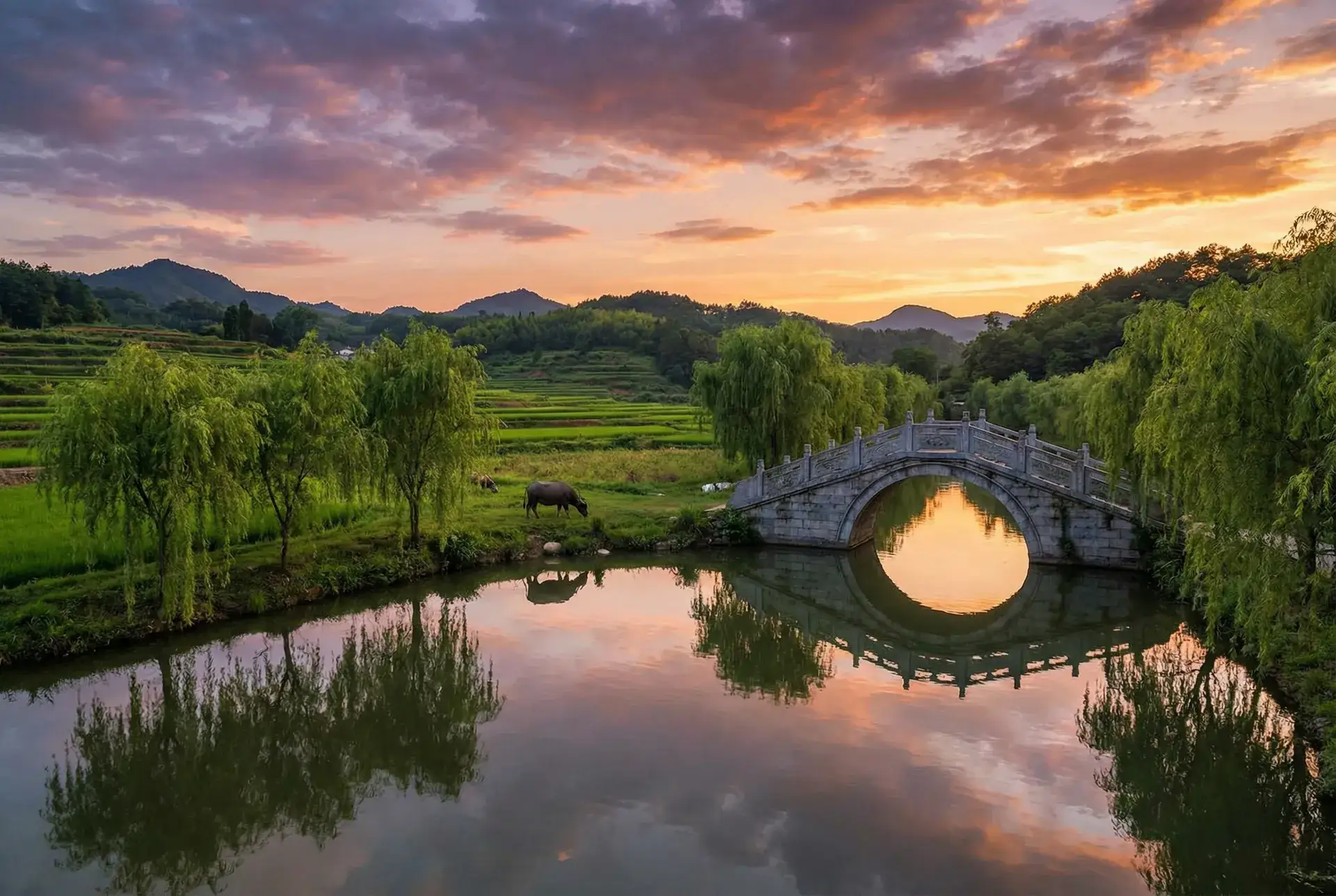夕阳下的石拱桥与垂柳，水牛在河边吃草 - PGD-792 乡村美景
